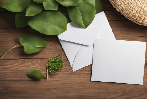 Photo note paper with green leaves on wood surface