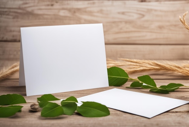 Note paper with green leaves on wood surface