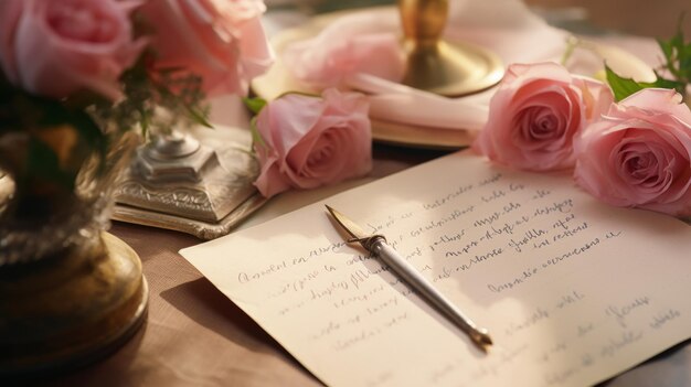 ピンクのバラを飾ったテーブルの上のメモとペン
