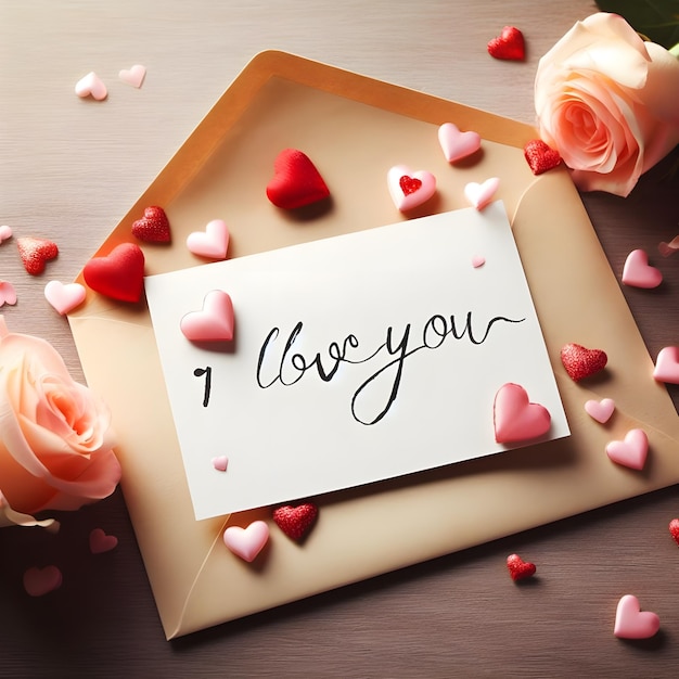 写真 バレンタインデーコンセプトのハートとバラの封筒の中に ⁇ 私はあなたを愛しています ⁇ と書かれたメモ