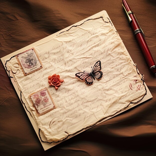 Photo a note with a butterfly and a pen on it