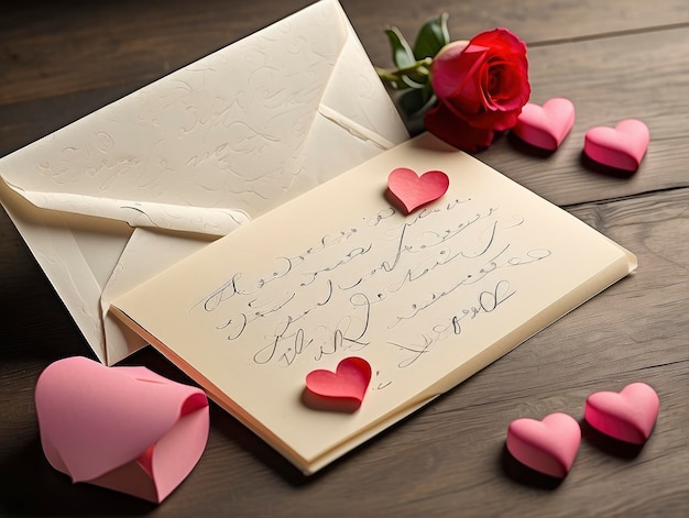 Photo a note with a pen and a rose on a table with hearts