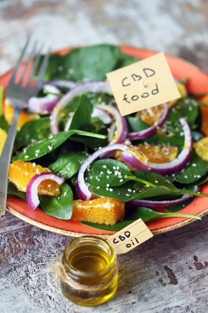 A note with the words cbd food in a plate with salad.