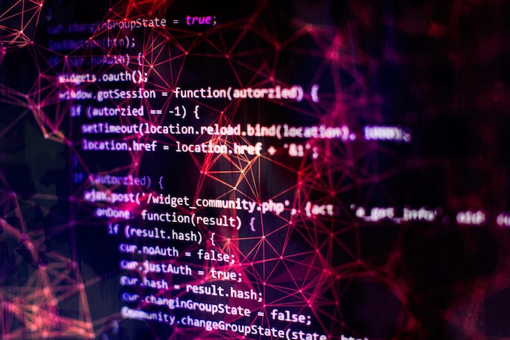 Photo notebook closeup photo. css, javascript and html usage. monitor closeup of function source code. abstract it technology background. software source code.