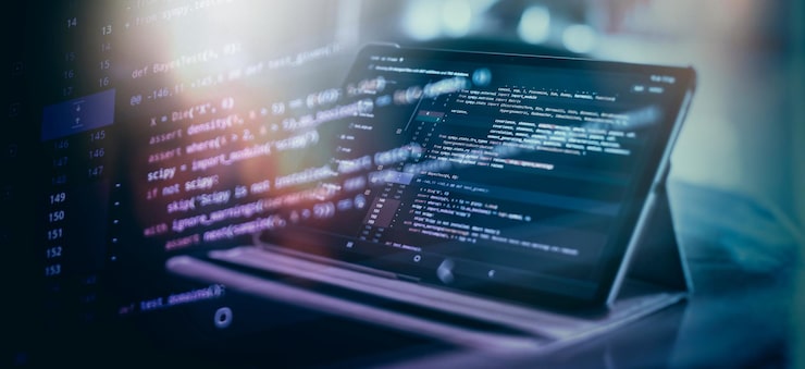 Photo notebook closeup photo css javascript and html usage monitor closeup of function source code abstract it technology background