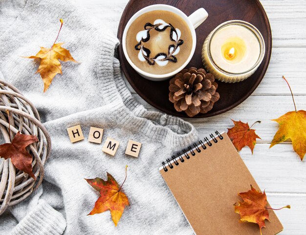 Photo notebook and coffee. autumn concept.