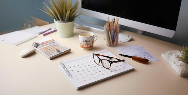 notebook and coffee white table with calendar planner glasses