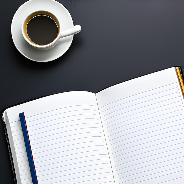 A notebook and a cup of coffee are on a table.