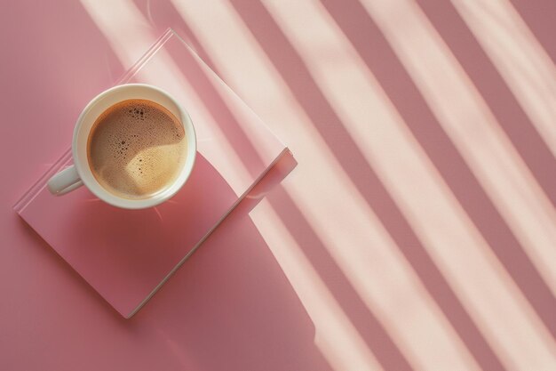 Photo notebook and cup of coffee mockup pastel pink background