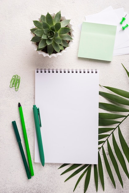 Foto notebook sulla scrivania con penne e foglie