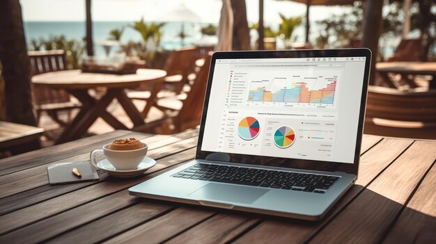 Notebook displaying financial charts at the beach