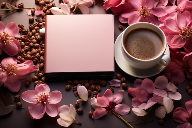 Photo notebook flowers and coffee over the pink table