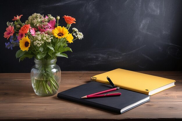 Photo notebook and flowers near blackboard