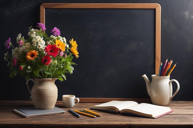 Notebook and flowers near blackboard