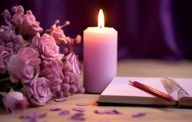 Notebook lit candle and pink flowers in the style of romantic greeting card