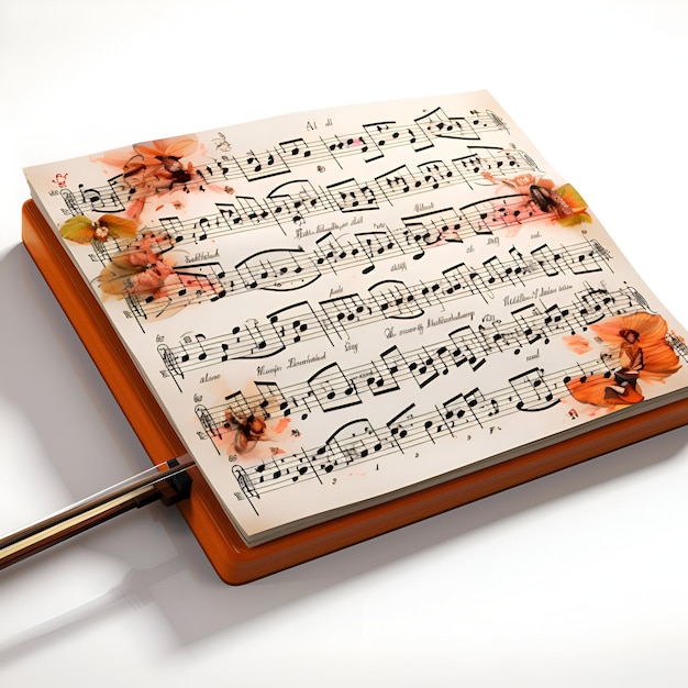 Notebook met muzieknoten op witte achtergrond 3D-illustratie