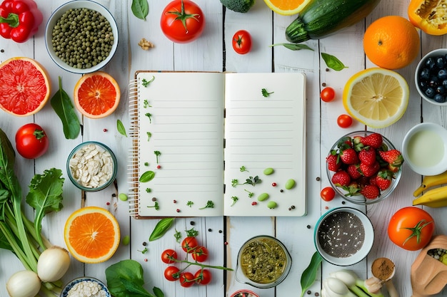 Notebook met woord dieet en verschillende groenten op houten tafel top view