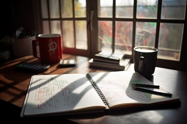 Notebook open in het midden van een studie en koffie scène generatieve IA