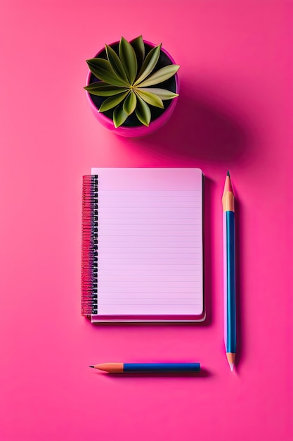 Notebook opened and a pen on a pink desk flat lay