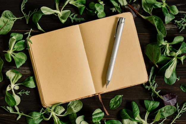 Photo notebook pages for the recipe near greenery leaves