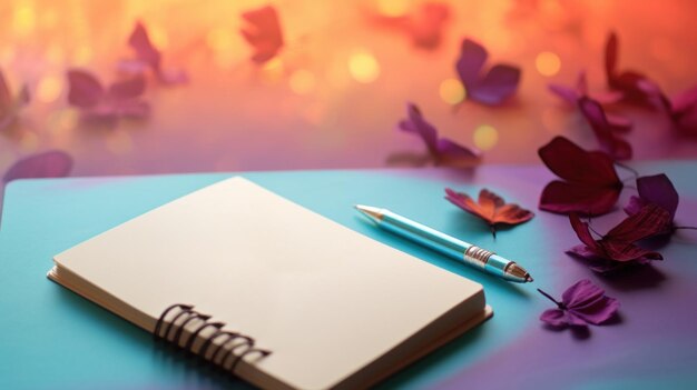 A notebook pen and butterfly decorations on a table ai