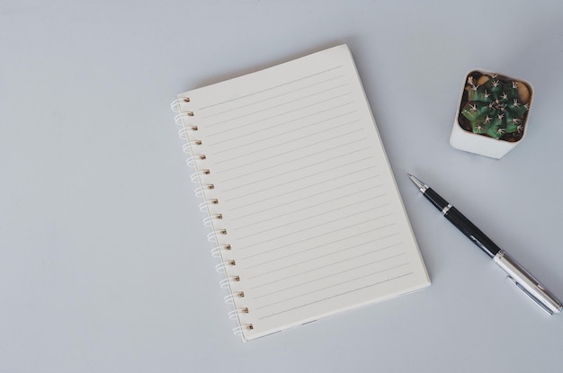 Notebook and pen and cactus on vintage background.Top view with copy space.