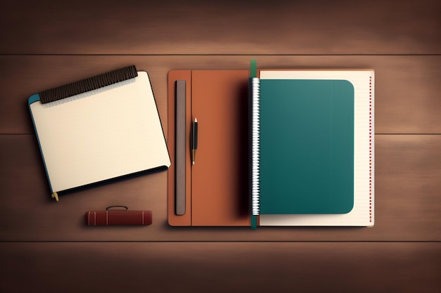 A notebook, a pen, and a pen sit on a table.