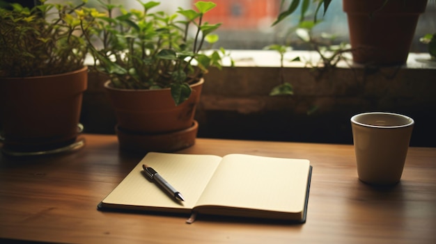 A notebook pen and a plant on a table