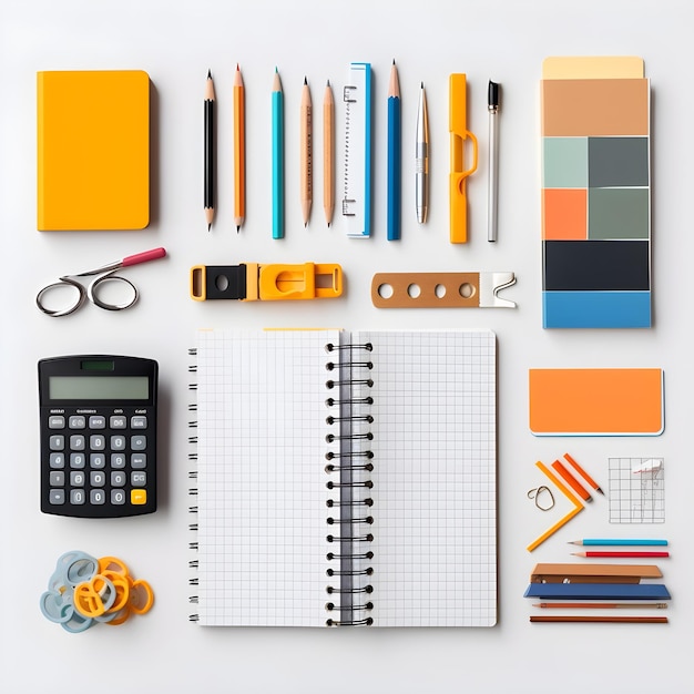 A notebook, pen, scissors, and other items are laid out on a white surface.