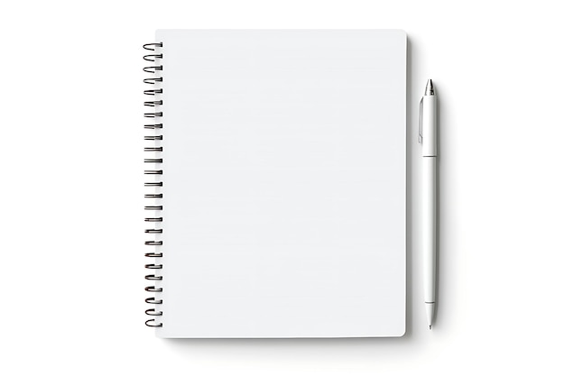 Photo notebook and pen on white background