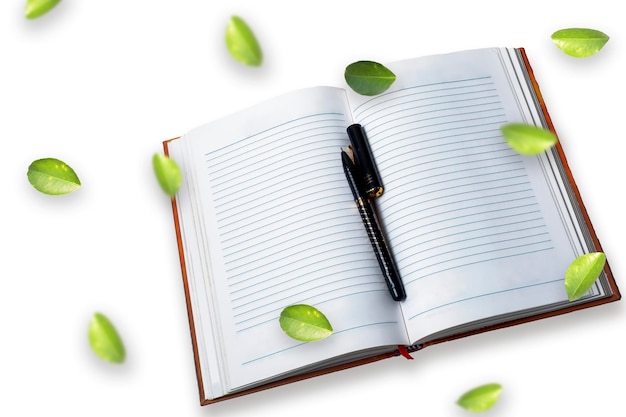 Notebook and pen with green leaves on white background top view