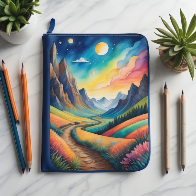 Notebook and pencil with colorful art design