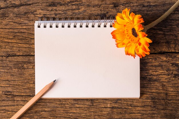 notebook and pencil on wooden table