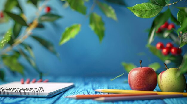 A notebook pencils apples and a cup of coffee are placed on a blue table