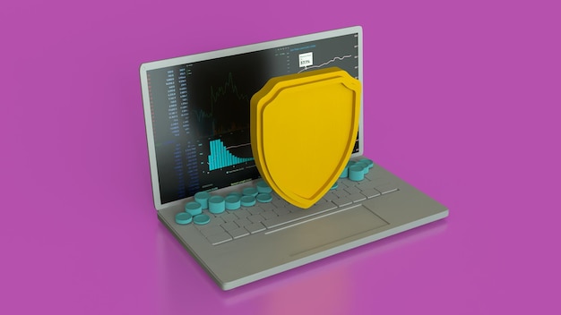 노트북과 사이버 보안 개념의 방패 3D 렌더링