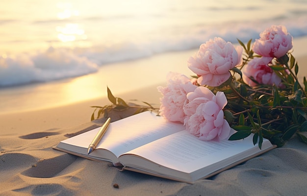 写真 ロマンチックなグリーティング カードのスタイルのノートの夕日とピンクの牡丹