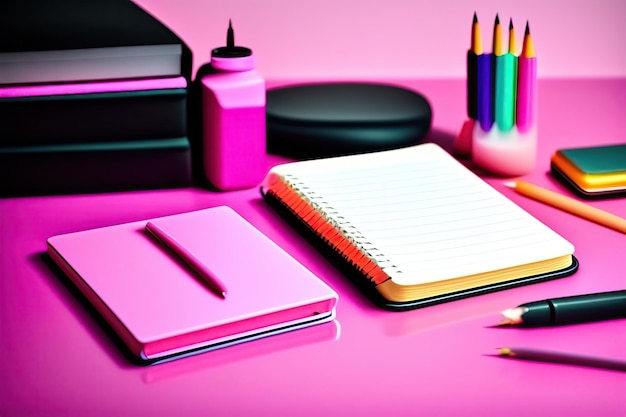 Notebook and supplies on a pink desk Back to school