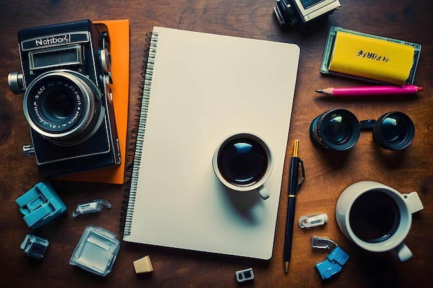 Notebook tussen verschillende benodigdheden en fotocamera