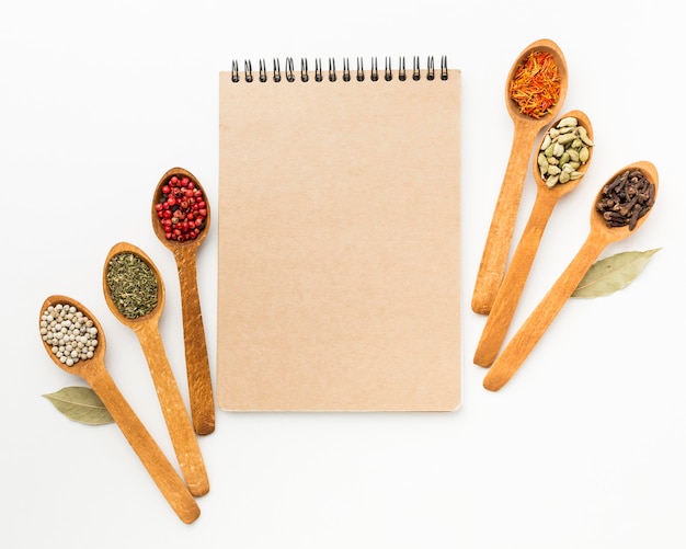 Photo notebook and variety of spices