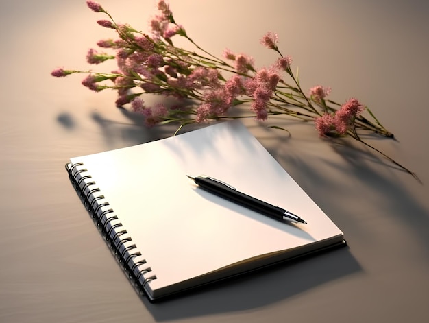 A notebook with blank pages and a penpencil on the table Writer Flowers