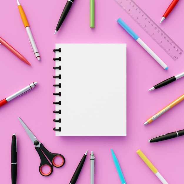 Notebook with Decorative Pens in Pink Background