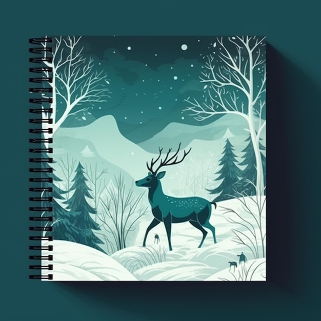 A notebook with a deer in the woods and a snowy landscape generative ai