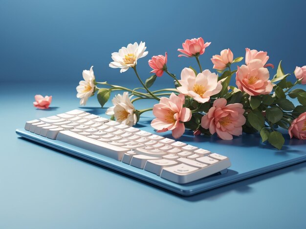 Notebook with flowers on blue background room for creativity