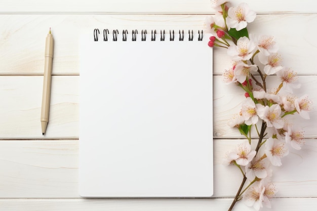 Photo a notebook with flowers on a wooden background with the word hibiscus.