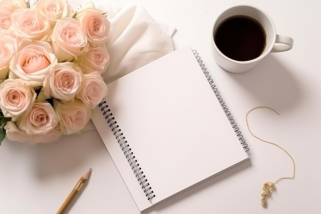A notebook with a heart shaped key and a cup of coffee on a table.