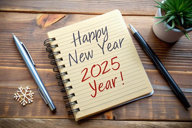 a notebook with a note that says happy new year on it
