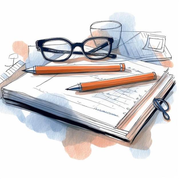 ペンとメガネが書かれたノートと、ページに「メガネ」と書かれたペン。