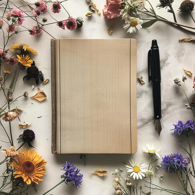 Photo a notebook with a pen on it and flowers on a table