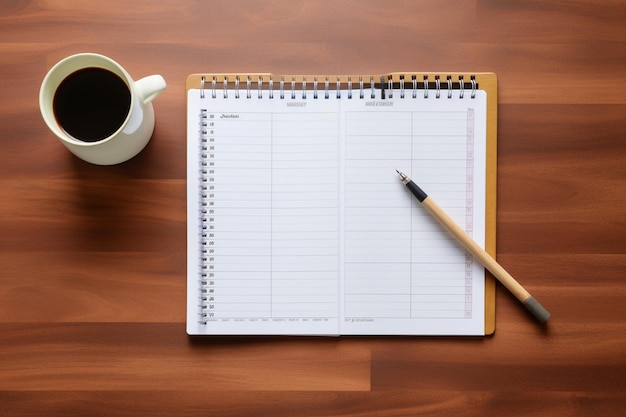 a notebook with a pen on it and a pen on a wooden table.