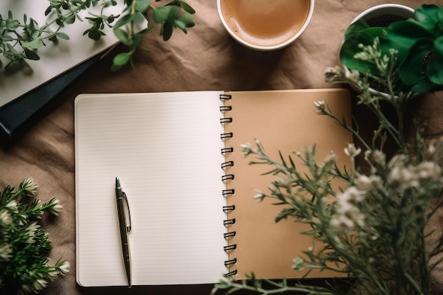 A notebook with a pen on top of it next to a cup of coffee